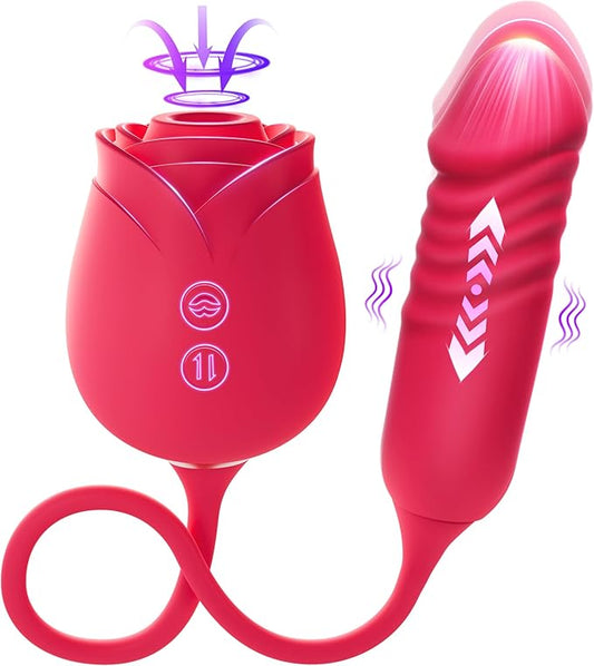Female Vibrator Dildo Sex Toy - MOOLIGIRL Rose Sex Toy with Push G-spot Vibrator and 10 Suction Modes for Clitoral Nipple Stimulation Double-headed Dildo Adult Sex Toy Couple Game