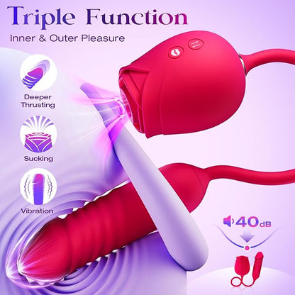 Female Vibrator Dildo Sex Toy - MOOLIGIRL Rose Sex Toy with Push G-spot Vibrator and 10 Suction Modes for Clitoral Nipple Stimulation Double-headed Dildo Adult Sex Toy Couple Game