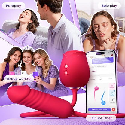 Female Vibrator Dildo Sex Toy - MOOLIGIRL Rose Sex Toy with Push G-spot Vibrator and 10 Suction Modes for Clitoral Nipple Stimulation Double-headed Dildo Adult Sex Toy Couple Game